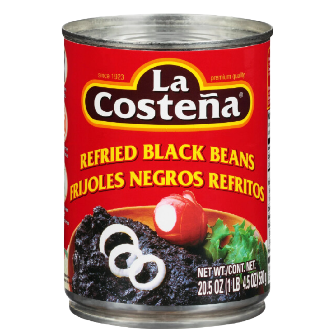 La Costeña Refried Black Beans, 20.5 oz can, perfect for adding a rich, savory flavor to your favorite dishes