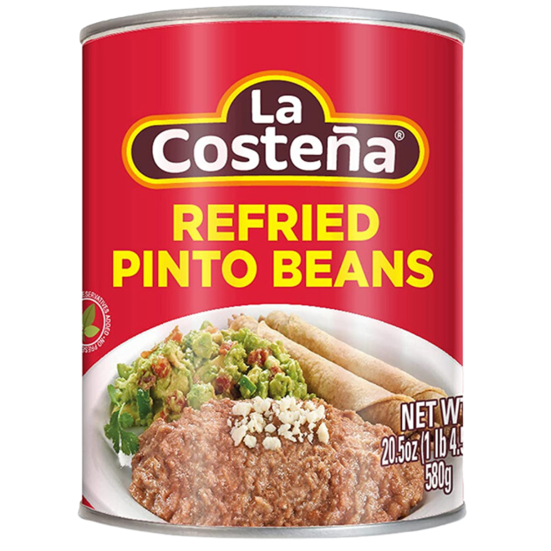 La Costeña Refried Pinto Beans, 20.5 oz can, made with authentic Mexican flavors and ready to enjoy as a delicious side or ingredient in your favorite recipes.