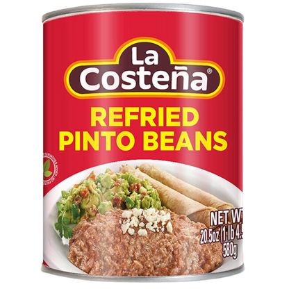 La Costeña Refried Pinto Beans, 20.5 oz can, made with authentic Mexican flavors and ready to enjoy as a delicious side or ingredient in your favorite recipes.