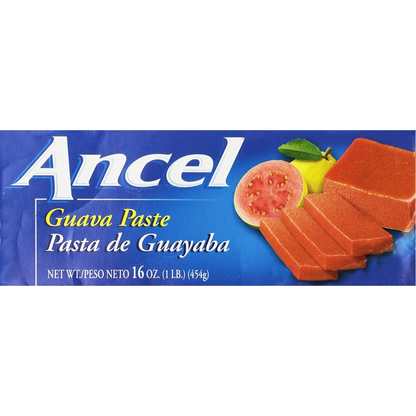 An image of a 16 oz package of Ancel Guava Paste, also known as Pasta de Guayaba. The package features a picture of sliced guava fruit and the brand name in bold letters. The guava paste itself is a reddish-brown color and has a smooth, jelly-like texture