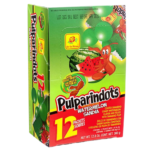 "Package of PulparinDots Sandia candy, a popular Mexican treat with a small, round shape and a sweet watermelon flavor made from tamarind pulp."