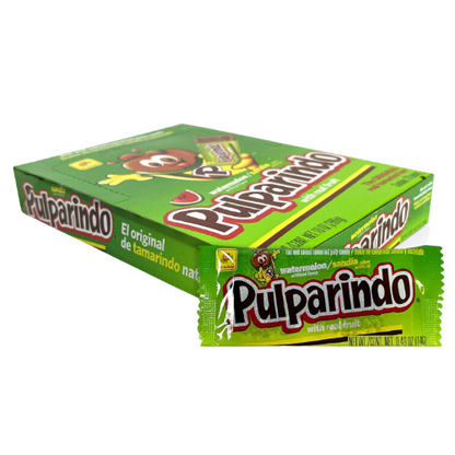 "Group of Pulparindo Sandia candies arranged in a row, showcasing their vibrant packaging and unique shape."